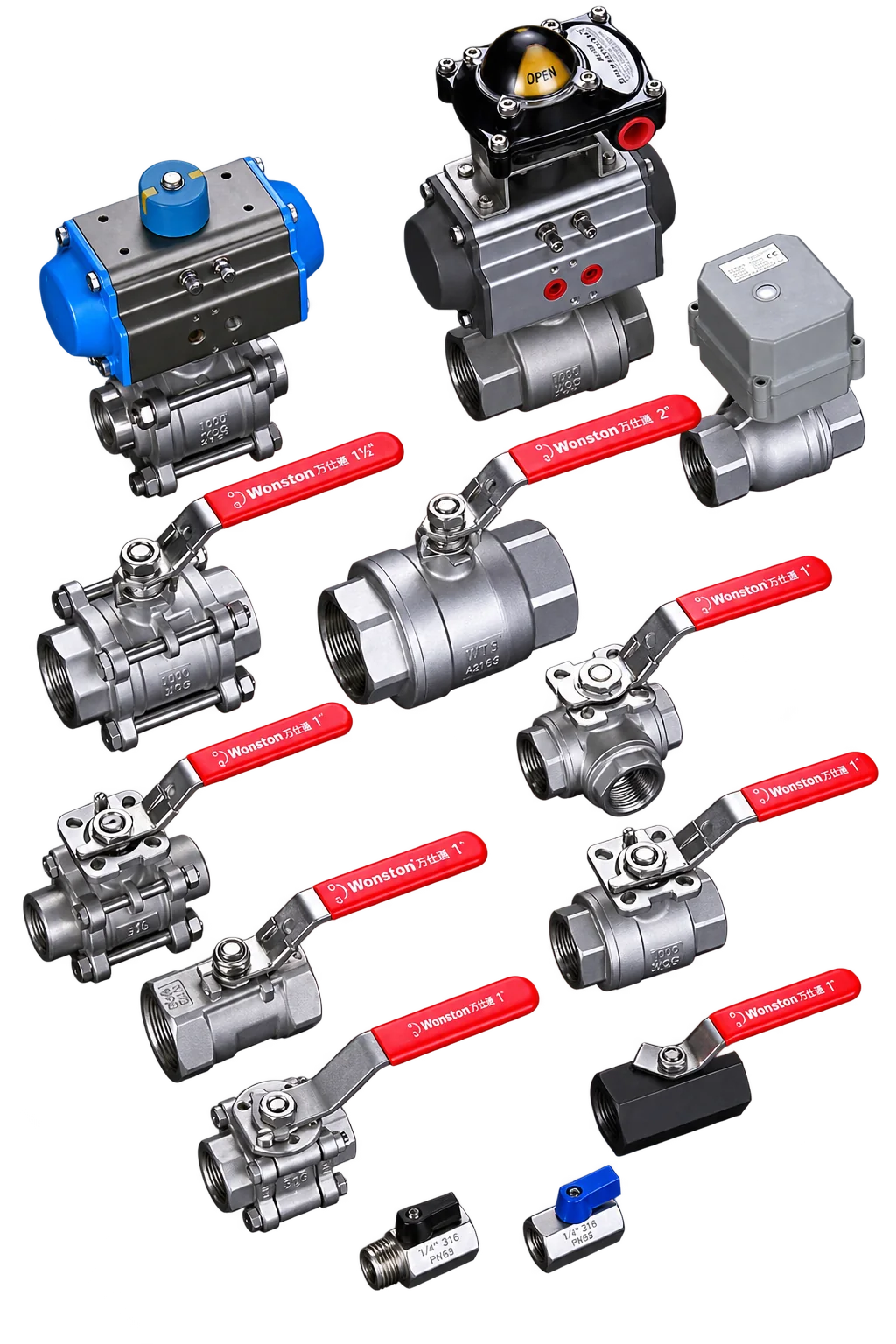 Stainless steel threaded ball valves and actuated assemblies