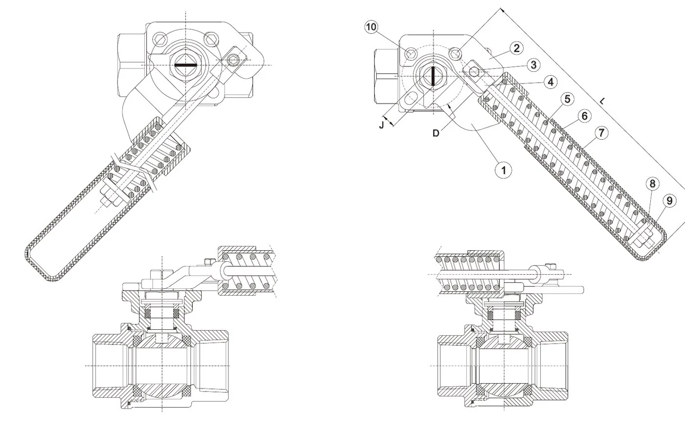 Data sheet drawing of the SH01 handle on a ball valve in the open condition (left) and the close condition (right), with numbered parts