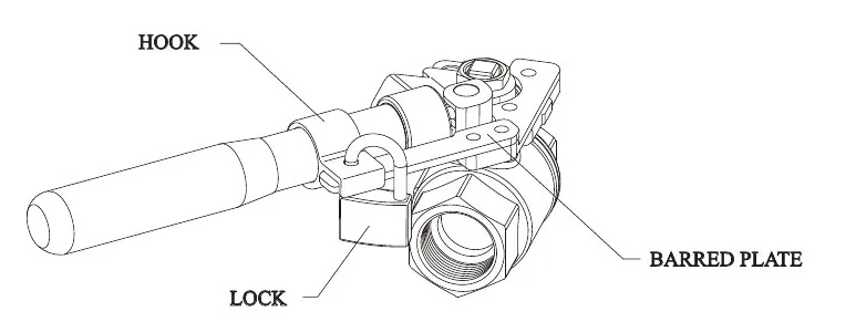 Drawing of the SH01 spring return handle with locking devices: hook, barred plate and lock